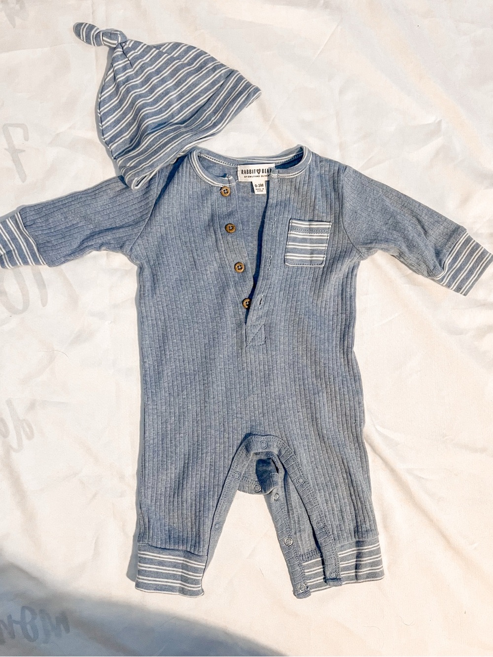 Rabbit + Bear Blue Ribbed One-Piece with Stripe Accent and Matching Hat Size 0-3
